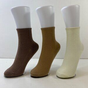 Womens Crew  Socks Set 3 Solid Textured Ribbed Brown Cream
